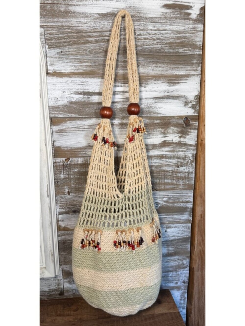 Saddle River Beige Crochet Knit Hobo Market Bag Wooden Bead Accents Boho Chic